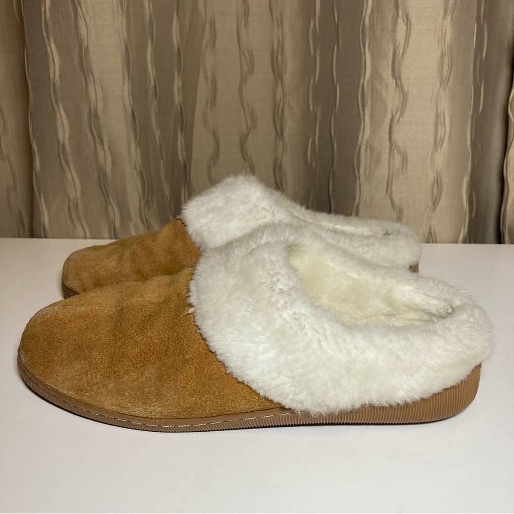 Minnetonka Slippers Women’s 9 Tan Brown Leather Plush Faux Fur Slip-On Mules